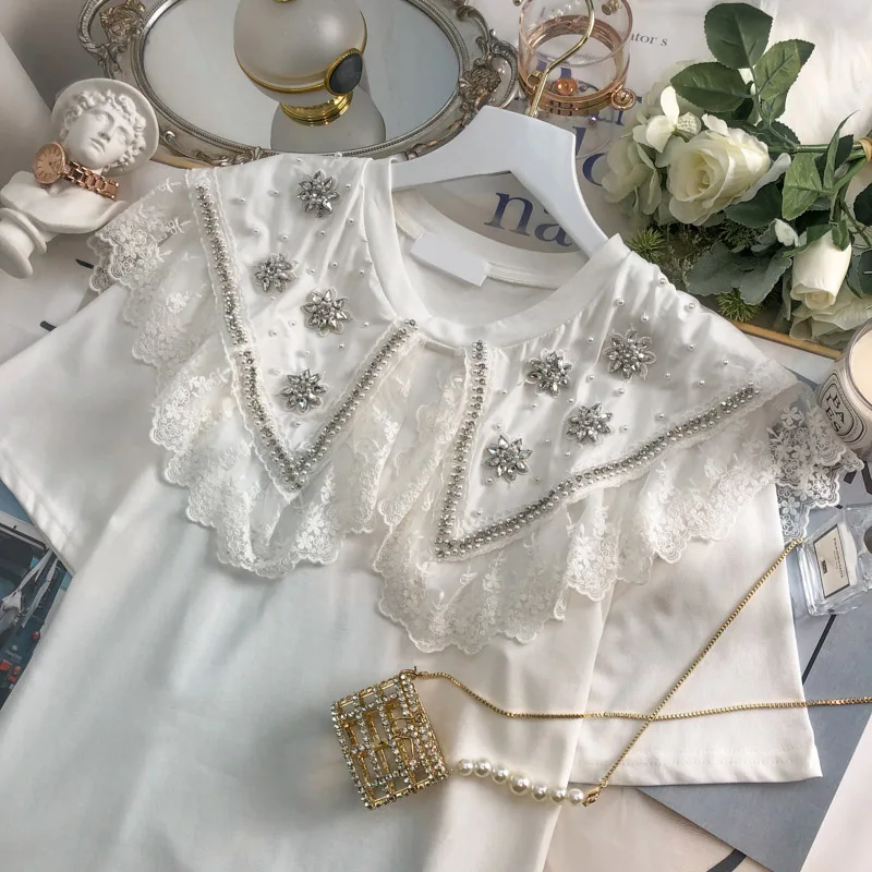 

2021 Summer French Style Vintage Court Ladies Top Lace Peter Pan Collar Beaded Women T-shirt Loose Cotton Fashion Sweet Tee