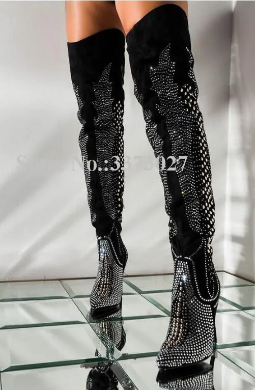 

Lady Fashion Rivets Crystal Thigh High Boots New Design Stiletto Heel Spikes Over the Knee Boots Women Sexy Banquet Boots