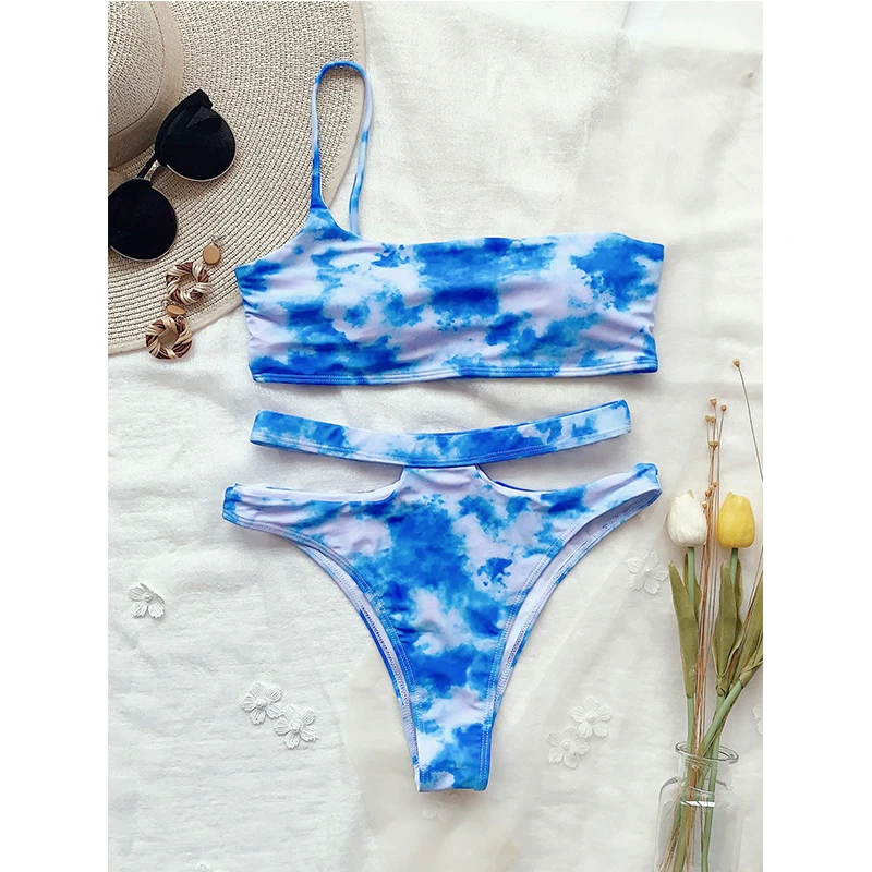 

Tie dye bandeau bikini set One shoulder women's swimsuit Female bathing suit High waist sexy bikini 2020 Hollow out swimwear NEW
