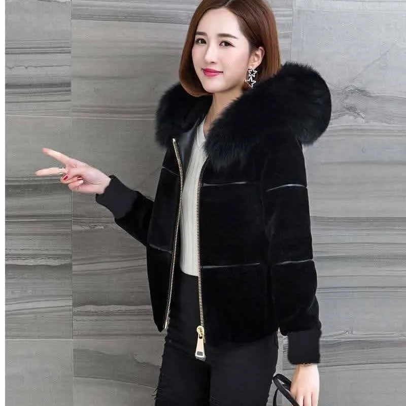 

Women's sheepskin Hoodie synthetic leather high waist tight jacket artificial fox leather Hoodie winter novelty o42021