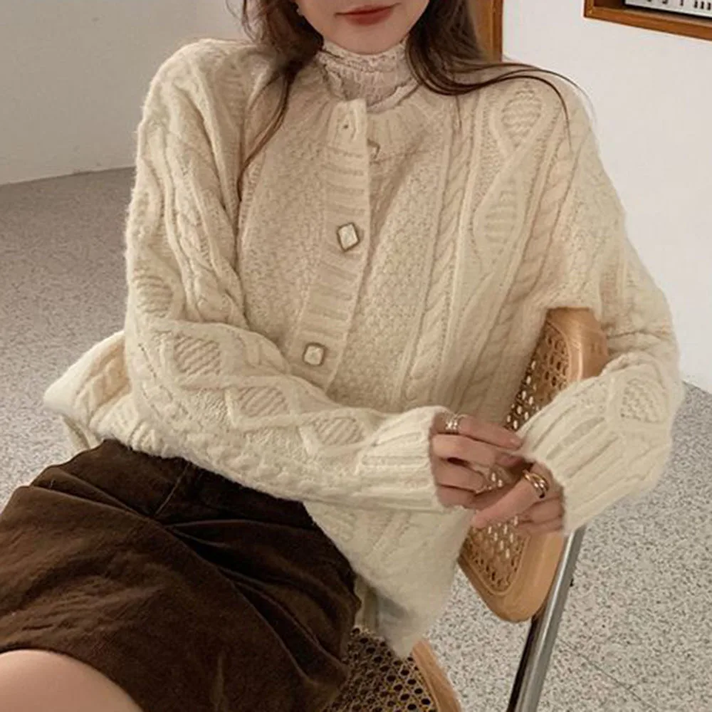 

Women Knitted Sweater Cardigan 2021 Ladies Tops Sweet Loose Solid Color Elegant Button Thin Patchwork Fall Winter Female Jacket