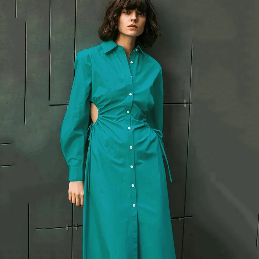 

2021 Early Autumn Women's Wear Long Dress Sexy Cutout Polo Collar Temperament Commute Shirt Dress Women's, Blue Cotton Dress