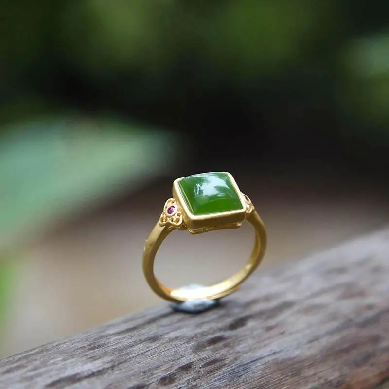 

Кольцо Xichun из натурального нефрита с зеленым нефритом И инкрустацией из серебра 925 пробы и золота, классическое открытое регулируемое кольц...