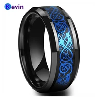 mens wedding band black tungsten carbide ring with black carbon fiber and blue dragon inlay width 8mm comfort fit