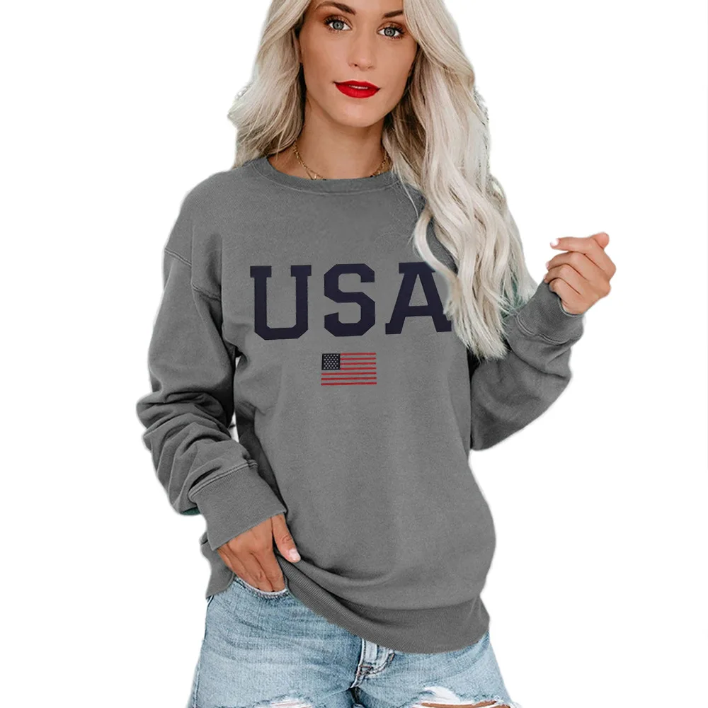 

Carney women's sweater USA flag printed round neck long sleeve sweater