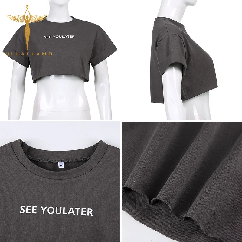

Letter Printing O-Neck Gray T-Shirts Women's Casual Loose Sexy Pullover Short T-Top Summer Short Sleeve Street Crop Top Femme