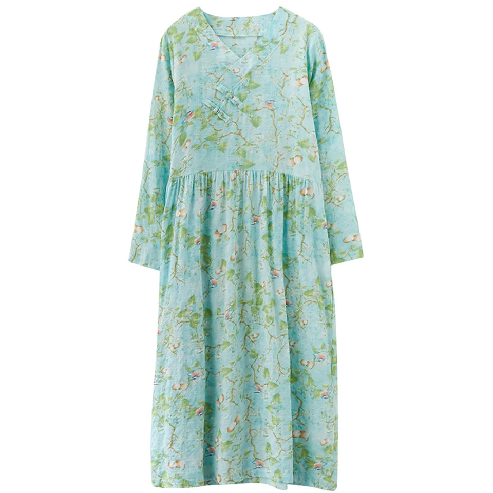 

Casual Spring Loose Cotton and Linen Pleated Dress Women Elegant Floral Printed Long Dress Retro Holiday Party Dress Vestidos