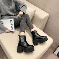 autumn and winter 2020 new muffin thick high heels knight boots thick soled belt buckle round head short boots women