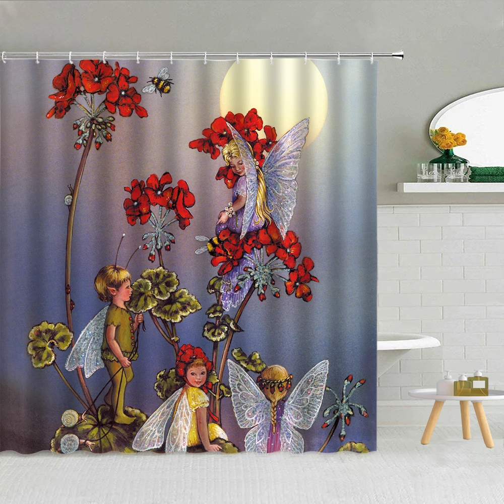 Сказочная лесная занавеска для душа с изображением эльфа девочки кролика грибы