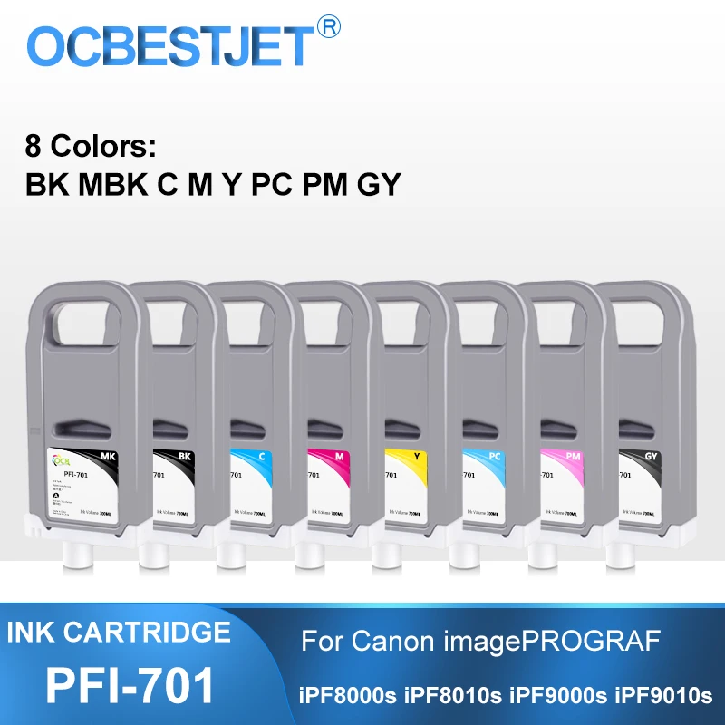 

PFI-701 700ML Compatible Ink Cartridge With Full Ink For Canon imagePROGRAF iPF8000s iPF8010s iPF9000s iPF9010s 8Colors/Set