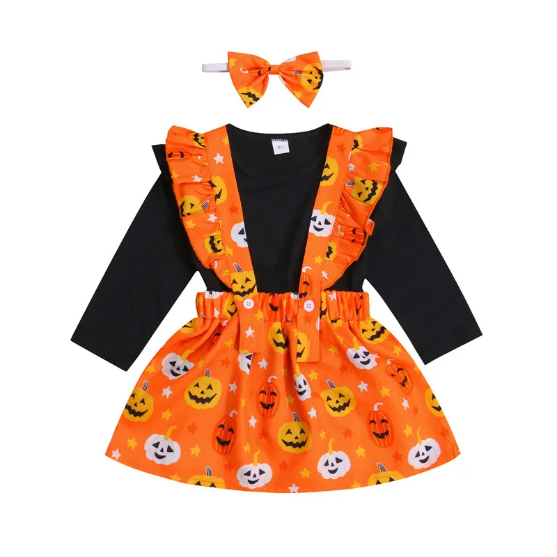 

3Pcs Baby Girls Outfit Solid Color Fly Long Sleeve Round Collar Romper + Pumpkin Printing Suspender Skirt + Headwear Set