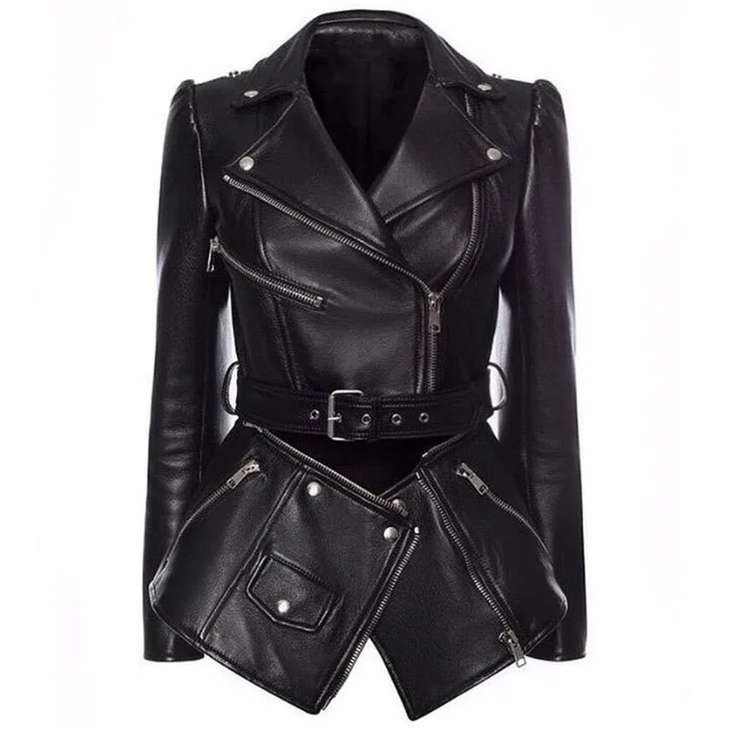 Rock Motorcycle Biker Genuine Leather Women Zipper Real Sheepskin Slim Fit Black Jacket Coat Female New Winter Autumn Outwear