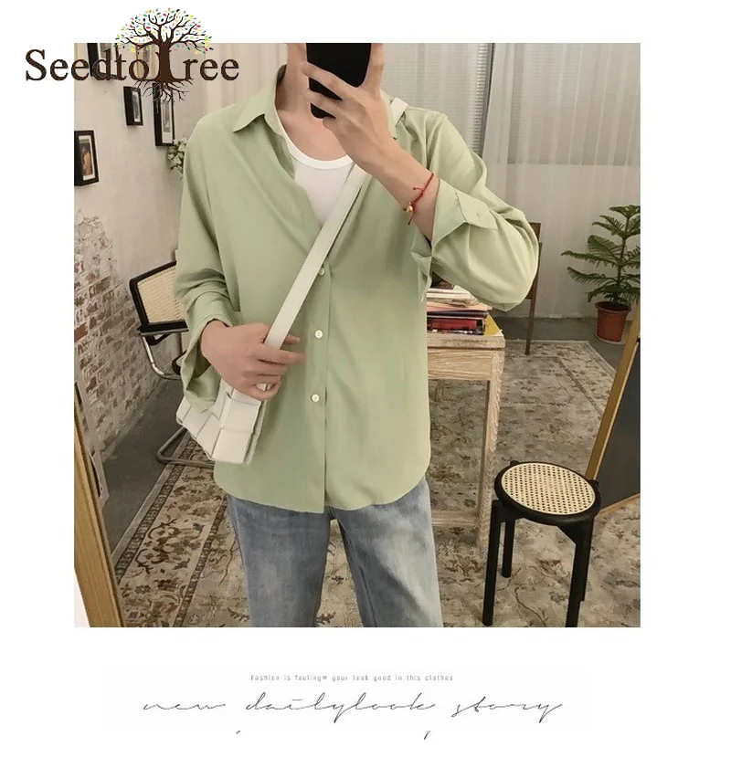

Korean Fashion INS Men's Solid Color Loose Single Breasted Casual Long Sleeved Shirt Couples