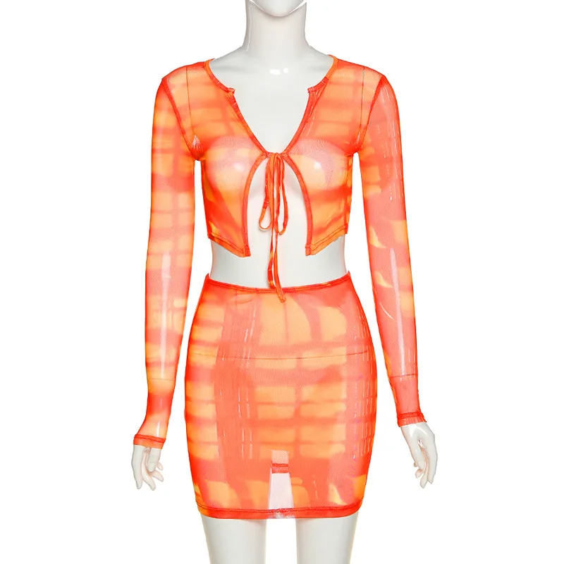 

2020 Winter Women Mesh Printed 2 Two Piece Set Bodycon Tracksuit Outfits Long Sleeve Crop Tops Tshirt Skirt Set Female