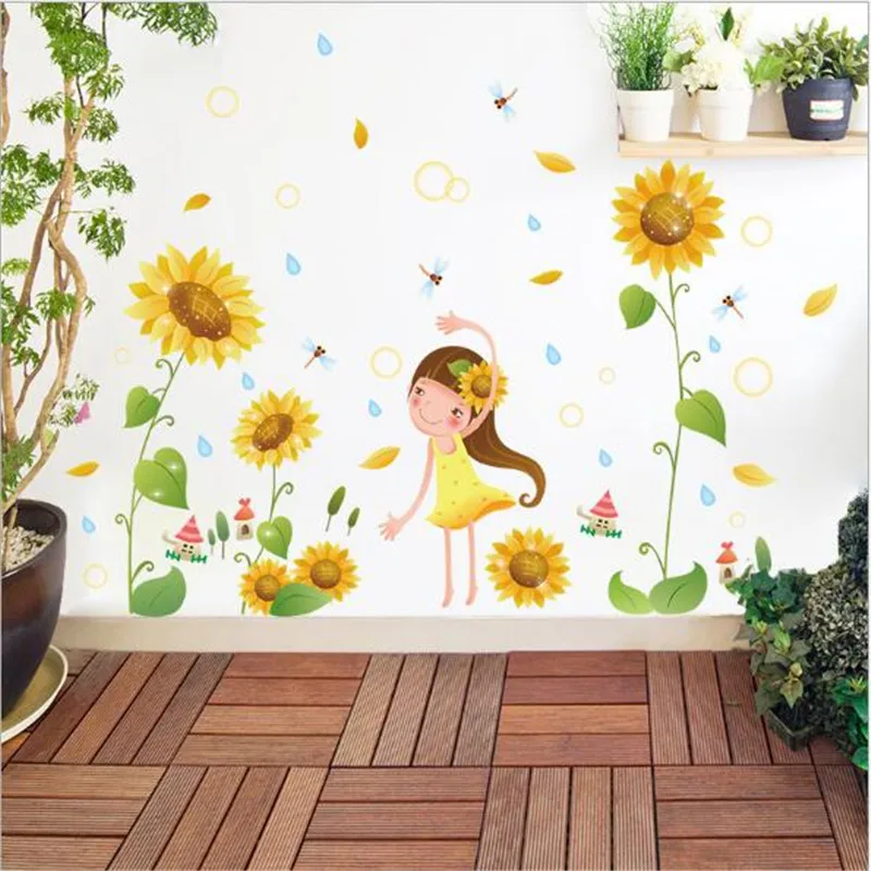 

1 шт. с подсолнухом для девочек стены Стикеры цветок на стены искусства детские наклейки для детской комнаты Спальня Гостиная