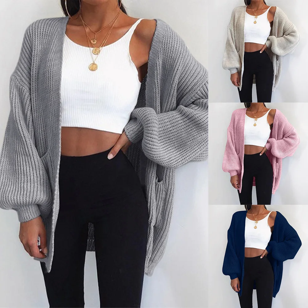 

Women Sweaters 2021 New Solid Color Loose Sweater Long Cardigan Women Autumn Fashion Knitting Pink Cardigan Donsignet