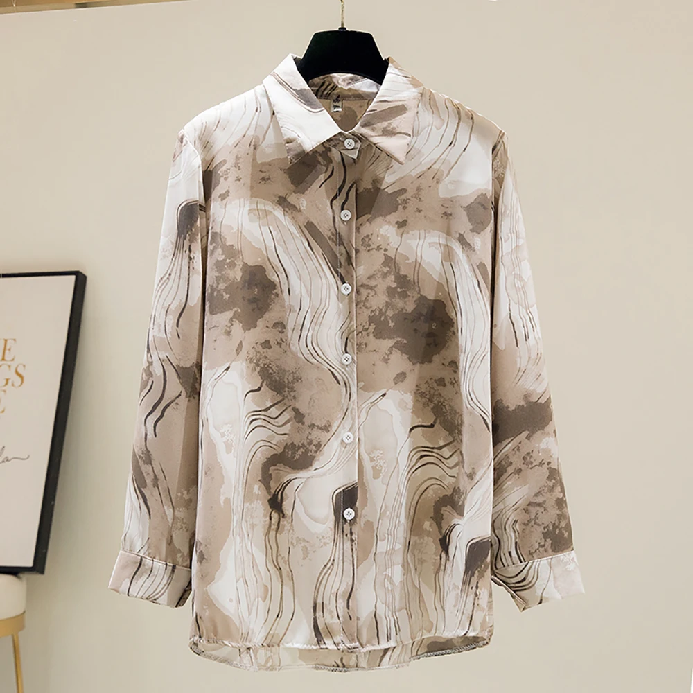 

Женская шифоновая блузка на пуговицах, элегантная повседневная Свободная рубашка с отложным воротником и длинным рукавом, с принтом, в офис...