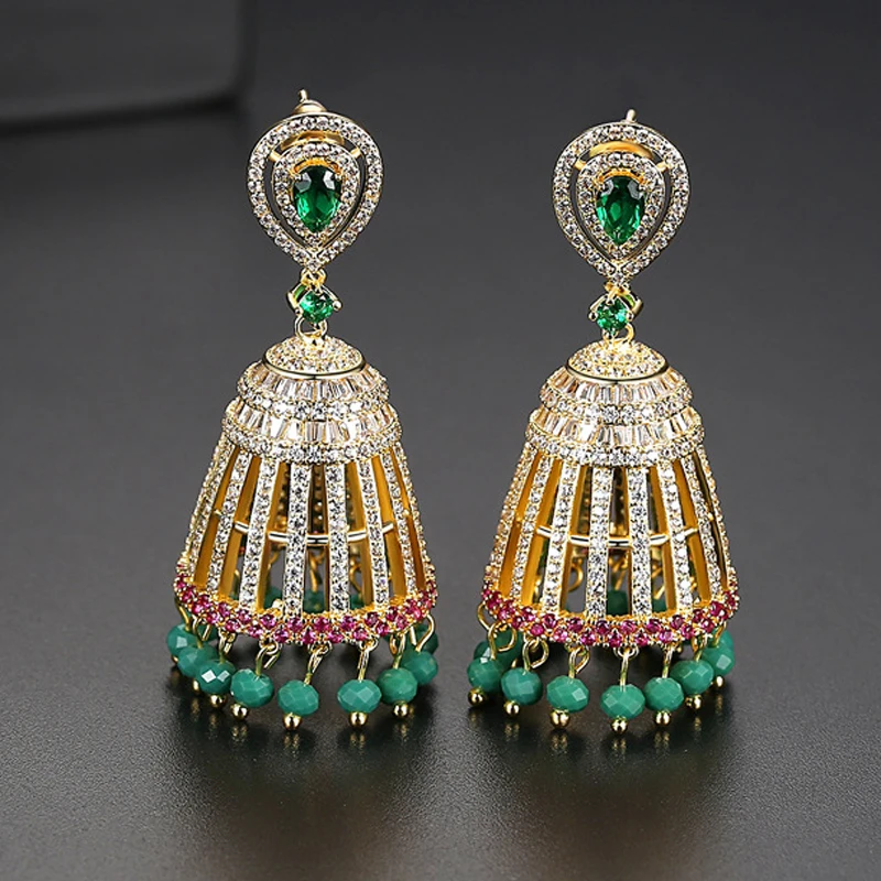 

Винтажные индийские серьги-подвески Jhumka с маленьким колокольчиком и кисточкой, женские серьги Jhumki с бусинами и кубиками циркона ААА, этниче...