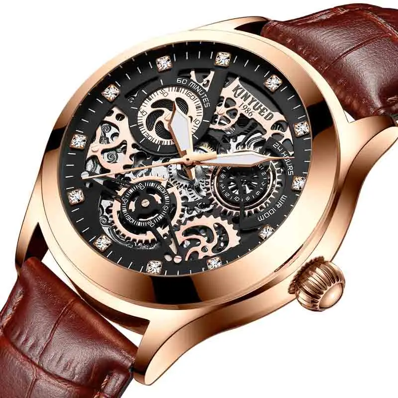 Brown Leather KINYUED Мужские автоматические механические часы с ветром, светящаяся вакуумная кофеварка, мужские золотые водонепроницаемые horloges mannen - Цвет: Brown Leather
