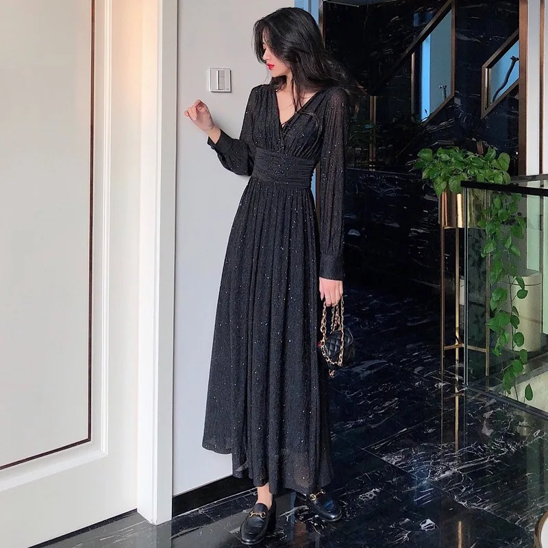 

Solid Elegant Dress Women Autumn Sequin Party Midi Dress Female Casual Chiffon Slim Korean Dress 2020 Autumn Women's Clothing