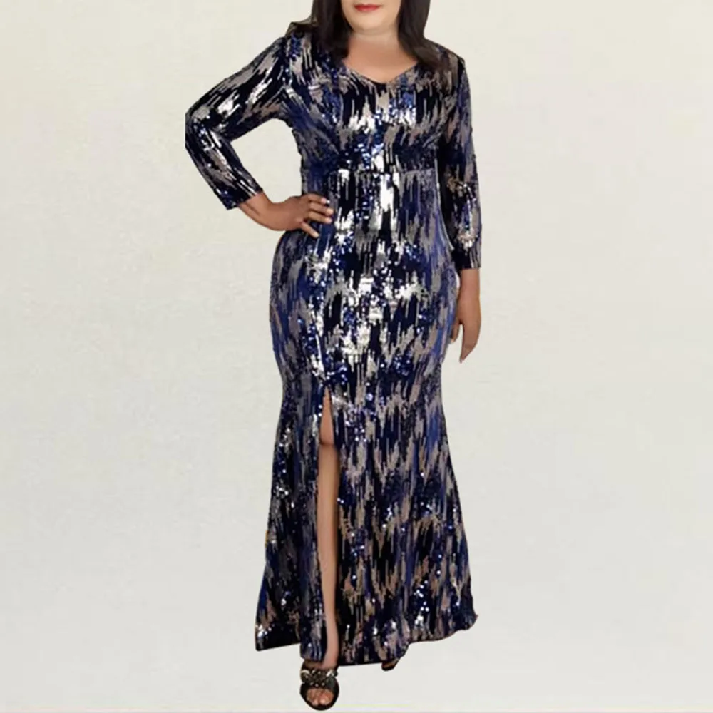 

Europe America New Autumn 2021 Sequins Split Fork High Waist V-neck Long Sleeve Women's Dress Mermaid Fashion Temperament