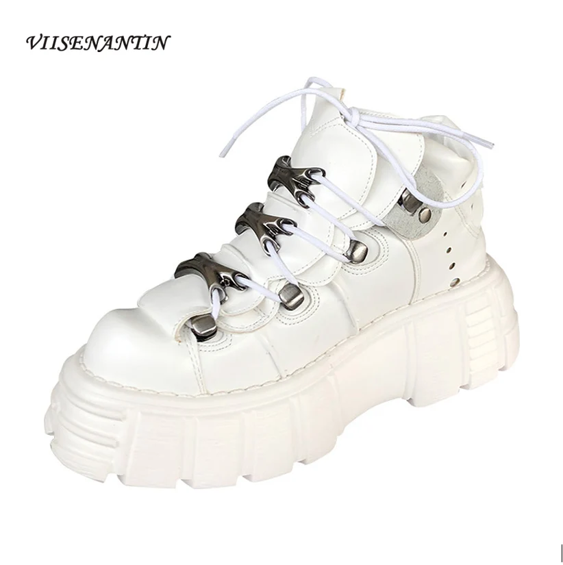 

Round Toe Heavy Metal Thick-soled High-top Shoes Women's Solid Color Rivet Lace-up Small Leather Shoes Dark Motorcycle Boots
