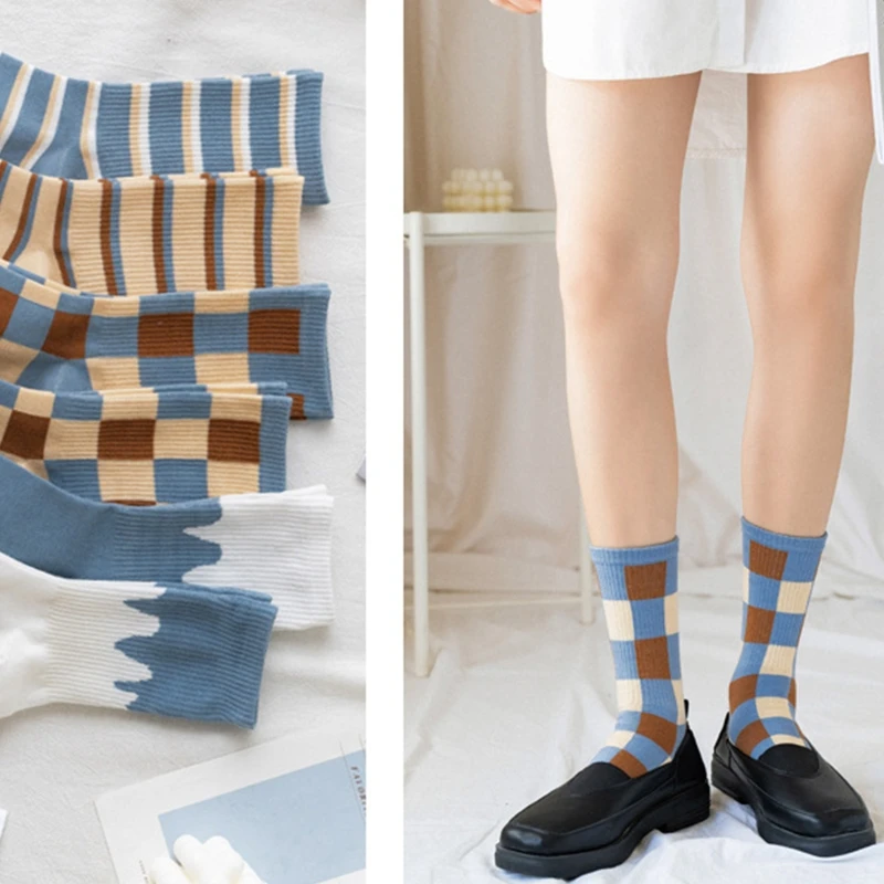 Британский стиль женские осенние хлопковые длинные носки винтажные полосатые