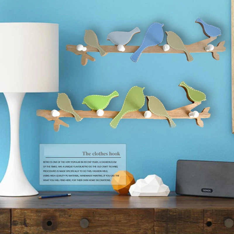 

4 Hooks Home Decorative Hooks Bird Wood Coat Hook Rail Clothes Hanger Living Room Decorations Hook Green