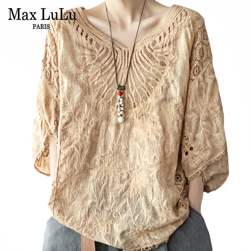 

Max LuLu Japan Summer Fashion 2021 Clothes Women Khaki V-neck Shirts Ladies Casual Elegant Tops Cotton Linen Blouses Plus Size