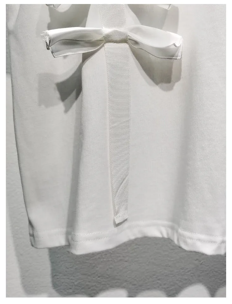 

High Quality Spring and Summer New Oblique Bow Decoration Loose and Versatile Short-sleeved Cotton T-shirt Women
