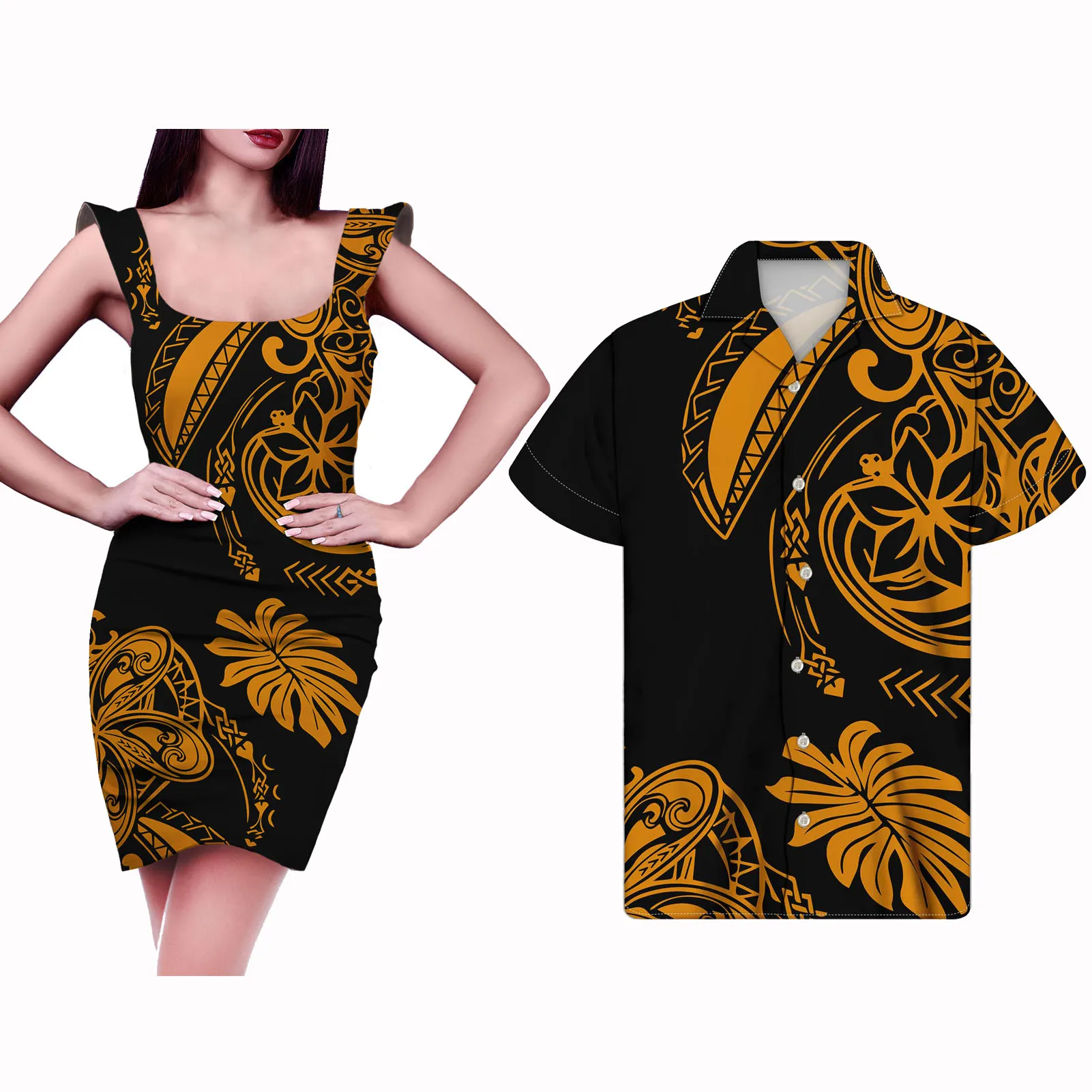 

Hycool Leaves Polynesian Tribal Designer Women Clothing Married Couple Clothes Short Sleeve Sexy Party Club Women's Dresses