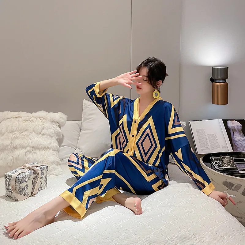 Women's Pajamas Set Super Big Rhombus Print Sleepwear Silk Like Nightwear Casual Homewear pajamas suit for women pijama mujerc