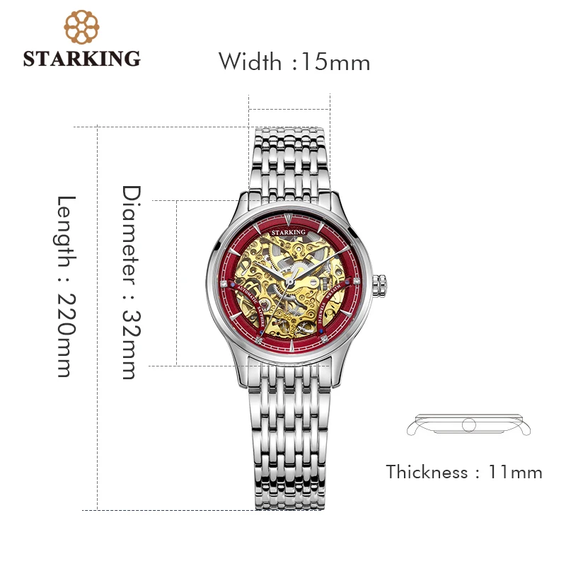 

STARKING Mechanical Watch Women Luxury Stainless Steel Hollow Skeleton Automatic Ladies Watch Chinese Hodinky Damske 5ATM AL0185