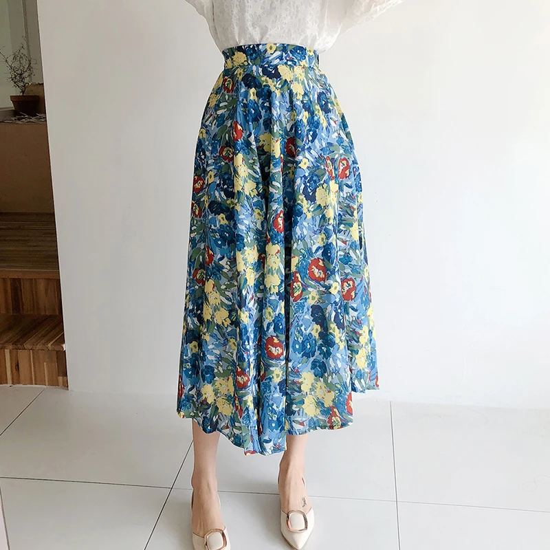 

Two Piece Set Women Skirt Elegant Summer 2020 Short Sleeve O-neck Tops and High Waist Floral Pleated Long Skirt 2 Piece Sets