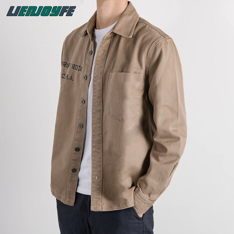

Men Jacket Breasted 100% Cotton Men's Shirt Business Casual Tooling Style Print Denim Men Shirts Autumn Slim Shirt