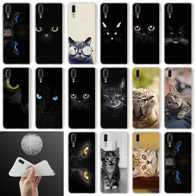 Мягкий силиконовый чехол для Huawei P40 P30 P20 Pro P10 Plus Lite P Samrt Z 2019 E 2020 черный с кошачьими