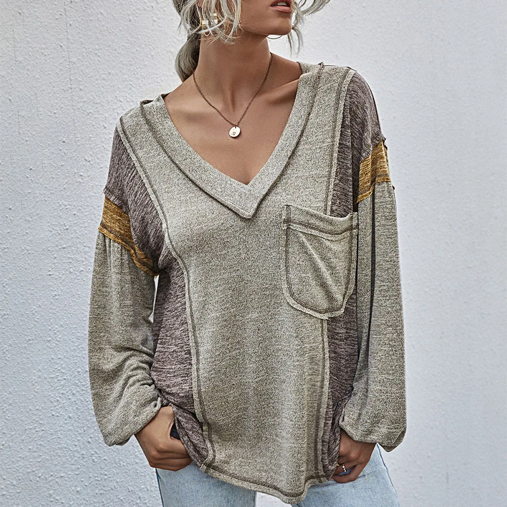 

Женский пуловер с глубоким V-образным вырезом, длинным рукавом и карманами