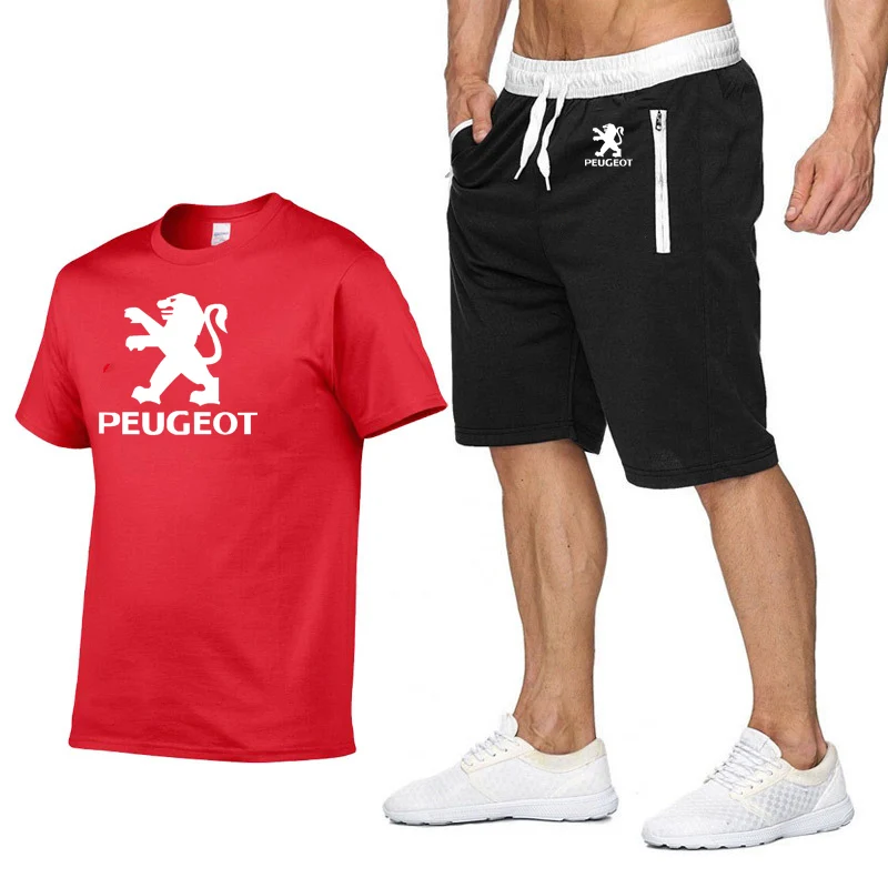 

New Summer Men's short sleeve Peugeot Car Logo Printed High Quality Cotton casual Mens T-Shirt+Pants Suit 2Pcs