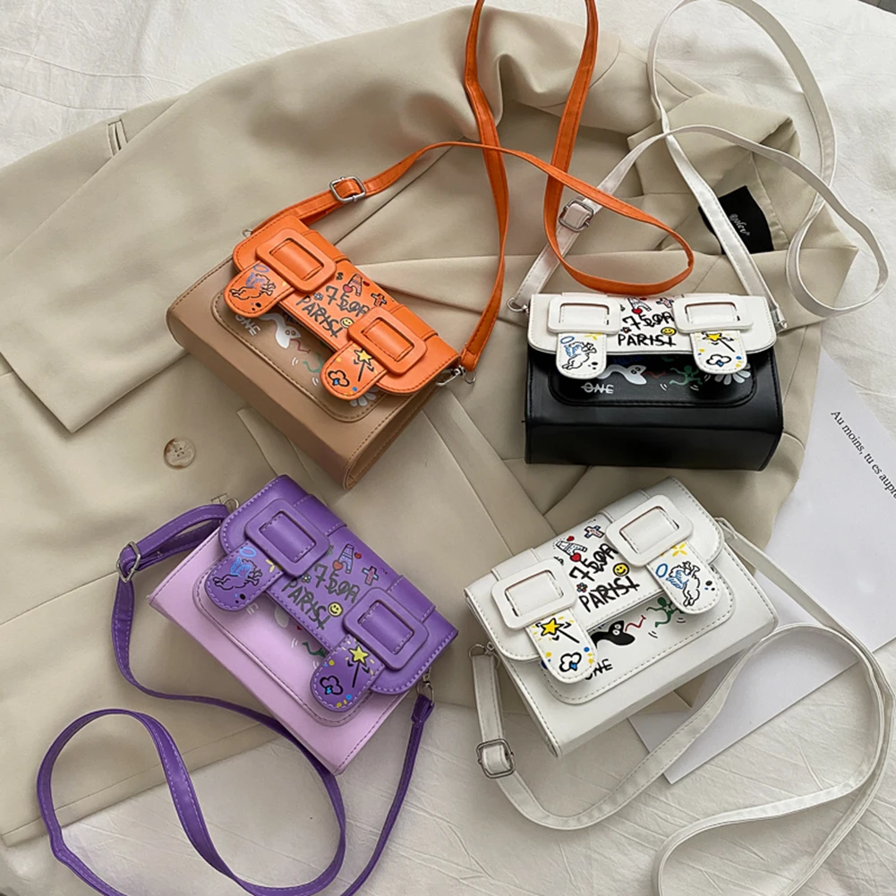 

Fashion Graffiti Painted Shoulder Bags Women PU Leather Belt Buckle Small Square Bag Casual Flap Crossbody Messenger Handbag New