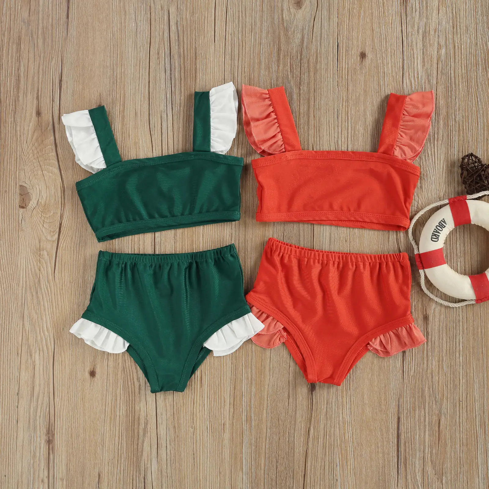 

Купальник из двух предметов для маленьких девочек, детская летняя модная майка с оборками на плечах, Шорты для плавания с высокой талией для...