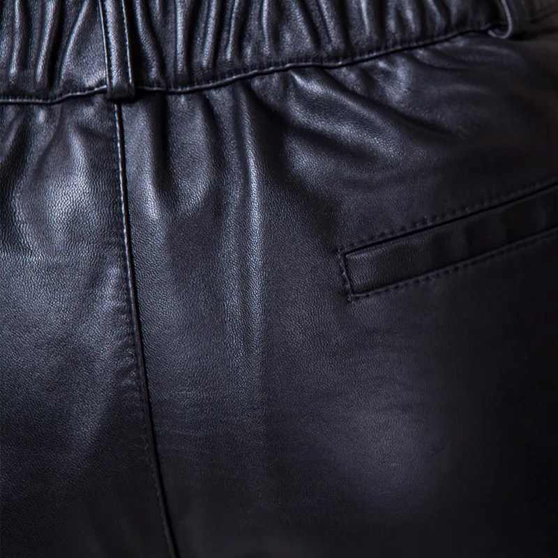 

High Quality Elegant Ladies Genuine Leather High Waist Shorts Female Zipper Black Party Punk Wide Leg Trousers Plus Size M-3XL