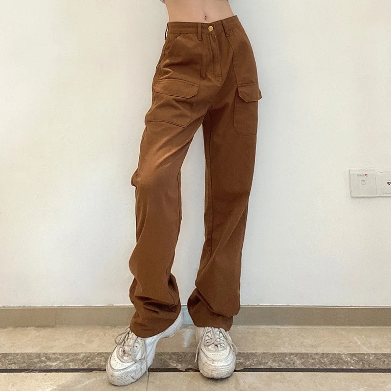 

Women High Waisted Brown Stretch Jeans Straight Leg Pants With Pockets Streetwear Sexy Loose Cotton Denim Trousers Long Pants