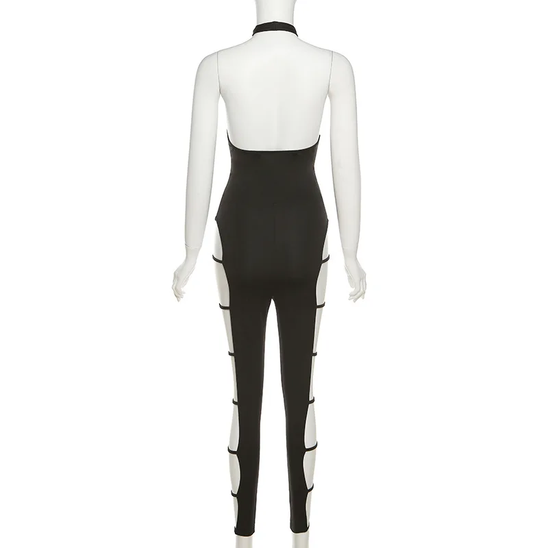 

Spring Summer Clothing Sexy Hollow Sleeveless Halter High Waist Skinny Casual Sports Jumpsuit Women One Piece Outfits Wholesale