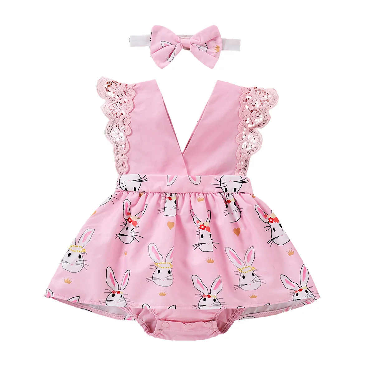 

Baby Girl Lace Trim Fly Sleeve Jumpsuits Cute Rabbit Printing Stitching Romper and Headband