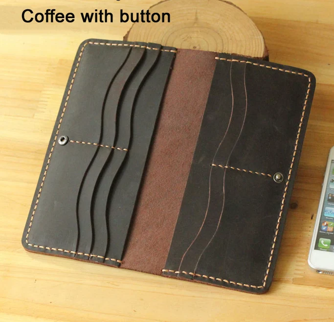 Coffee with button Ручной работы, винтажный кошелек Crazy horse из натуральной кожи, мужской кожаный Длинный кошелек, клатч, сумка, мужской кошелек, зажим для денег, сумка для денег - Цвет: Coffee with button