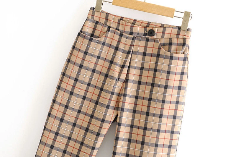 Весенние клетчатые брюки женские с высокой талией на молнии уличные прямые