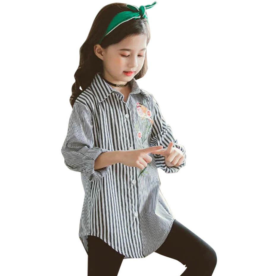 Блузка для девочек с цветочной вышивкой Лоскутная полосатая блузка осенняя