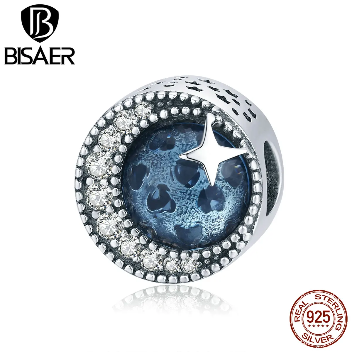Синий бисер бисаер 925 пробы серебряный полумесяц Луна и звезда очарование