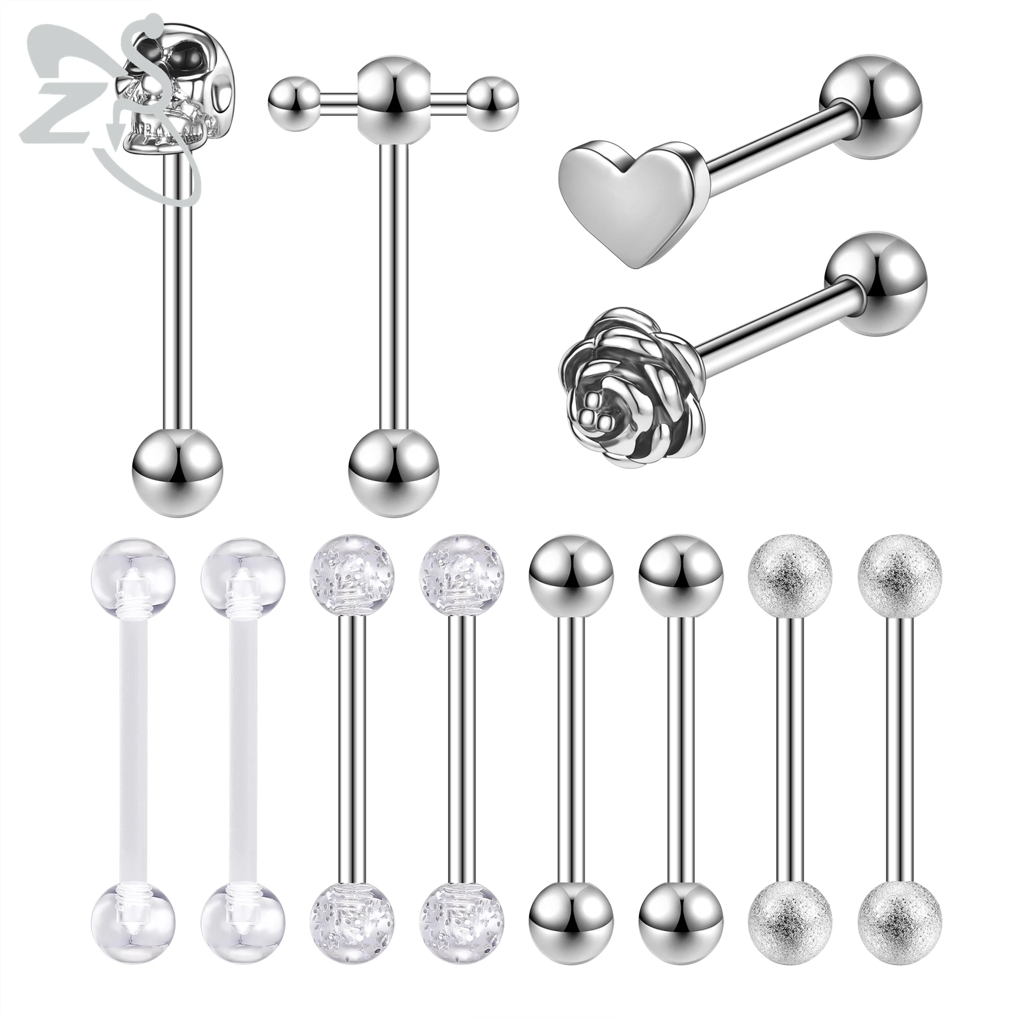 

ZS 5-12pcs/lot Skull Heart Tongue Ring Set Stainless Steel Barbell Stud Piercing Acrylic Ear Helix Tragus Nipple Piercings 14G