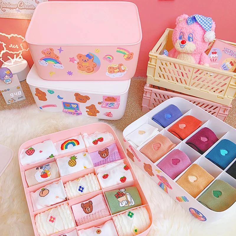 

Ins Cartoon Bear Underwear Socks Storage Box Set Cute Household Plastic Bra Underwear Organizer Storage Box Compartment with Lid